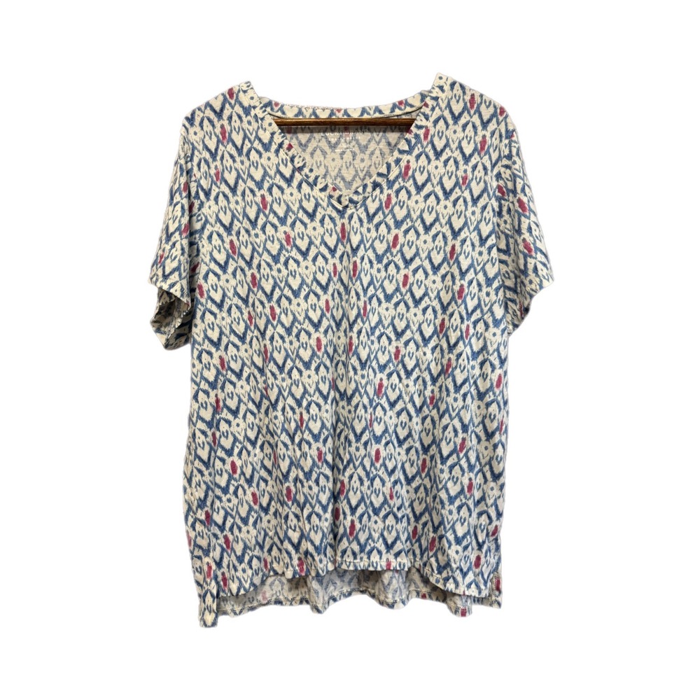 Lucky Brand T-Shirt Women XL Blue Pink Excellent Ikat V-Neck Short Sleeve Top